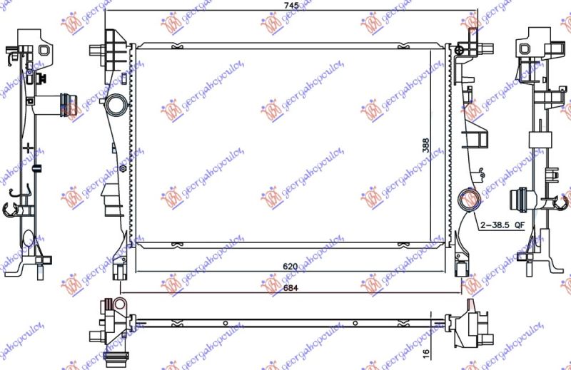 Hladnjak motora 1.4 TURBO benzin/1.3-1.6 MJTD dizel. ručni/automatski. pogon na dva/sva četiri kotača (620x388x16) (NRF)