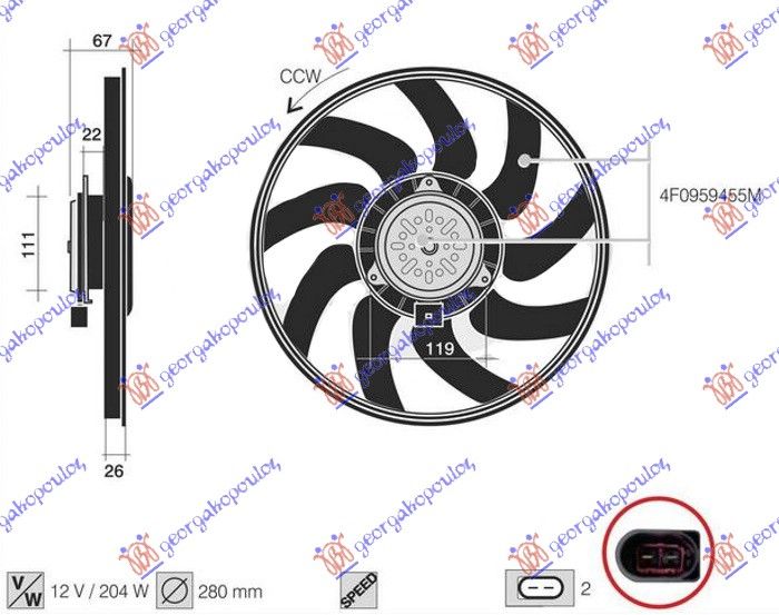 Ventilator klime (MOTOR+VENTILATOR) (3.0 TFSI BENZIN) (280MM) (2 PIN)