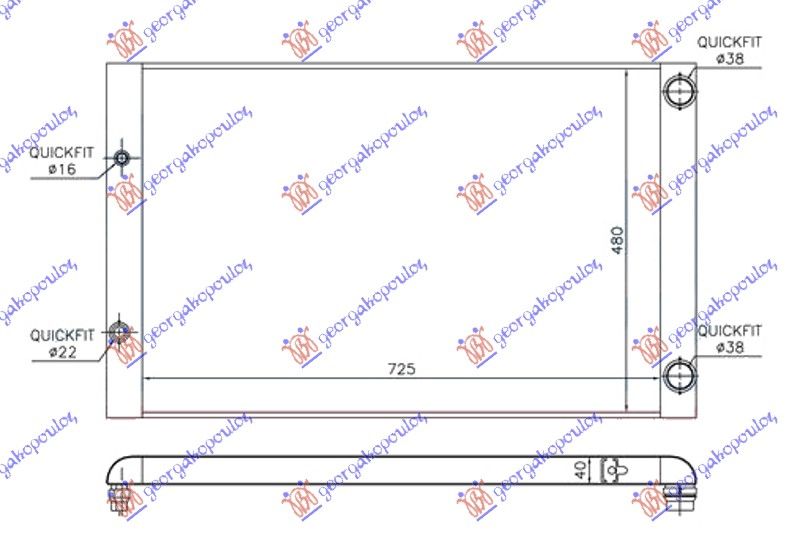 Hladnjak motora 3.7–4.2i benzin (725X480X40) desna cijev